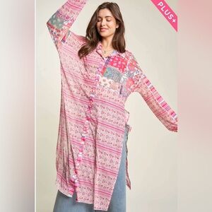 Davi & Dani Fun Lovin’ Patchwork Mesh Maxi Shirt Duster~Pink Multi~Size 2XL~NWT
